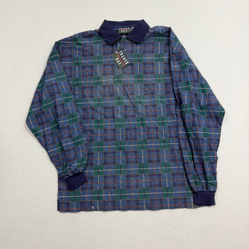 Vintage Trader Bay Rugby Polo Men's Medium Blue Plaid Long Sleeve Preppy 90s NWT